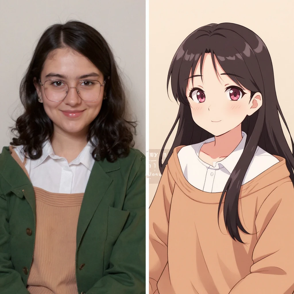 create before after image of a girl before is realsitic photo, after is anime version of her in same pose and clothes, add logo with text of a "FLUX Kontext Pro" emoji