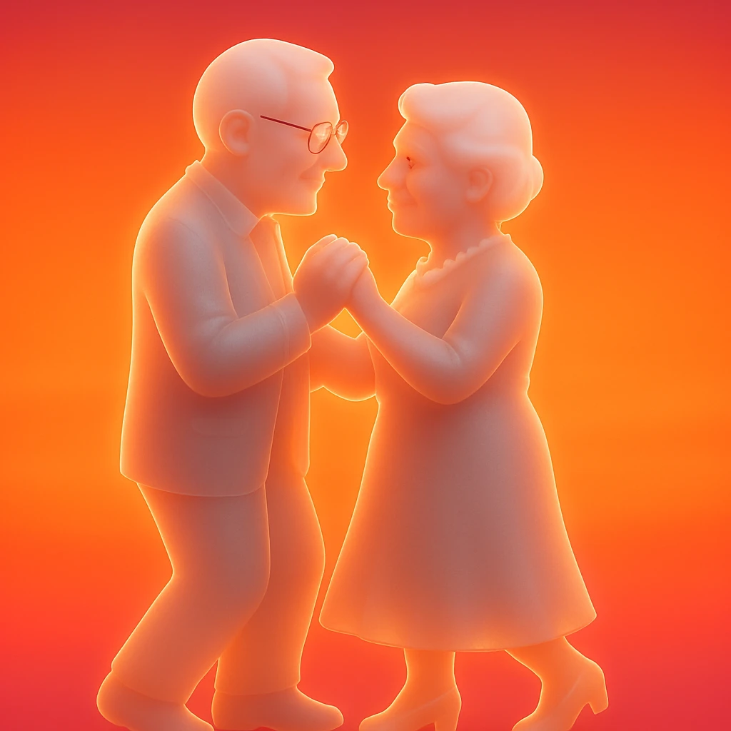 Add a vivid sunset background behind the elderly couple dancing closely, smiling at each other, keep realistic 3D style, romantic mood, warm and vibrant sunset lighting enhancing the intimate dance scene. emoji