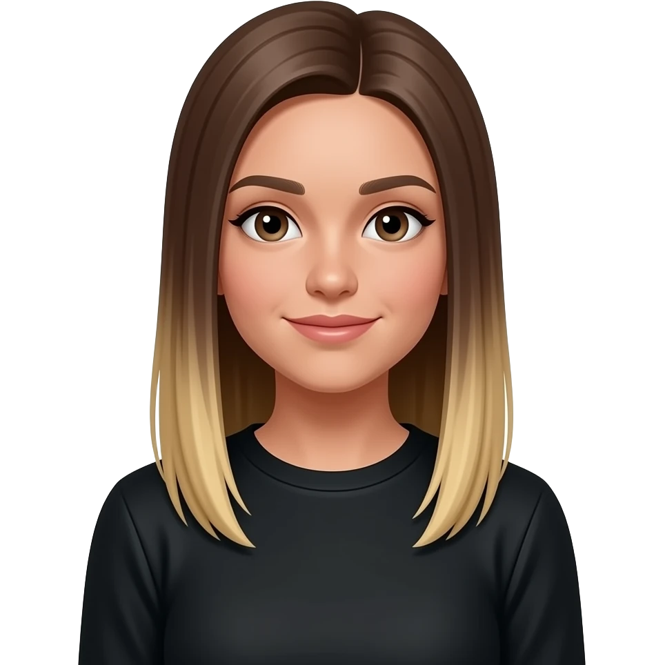 JN - teenage girl, medium suntan, straight medium brown hair fading to blonde at the tips, long sleeved black crew neck t-shirt emoji