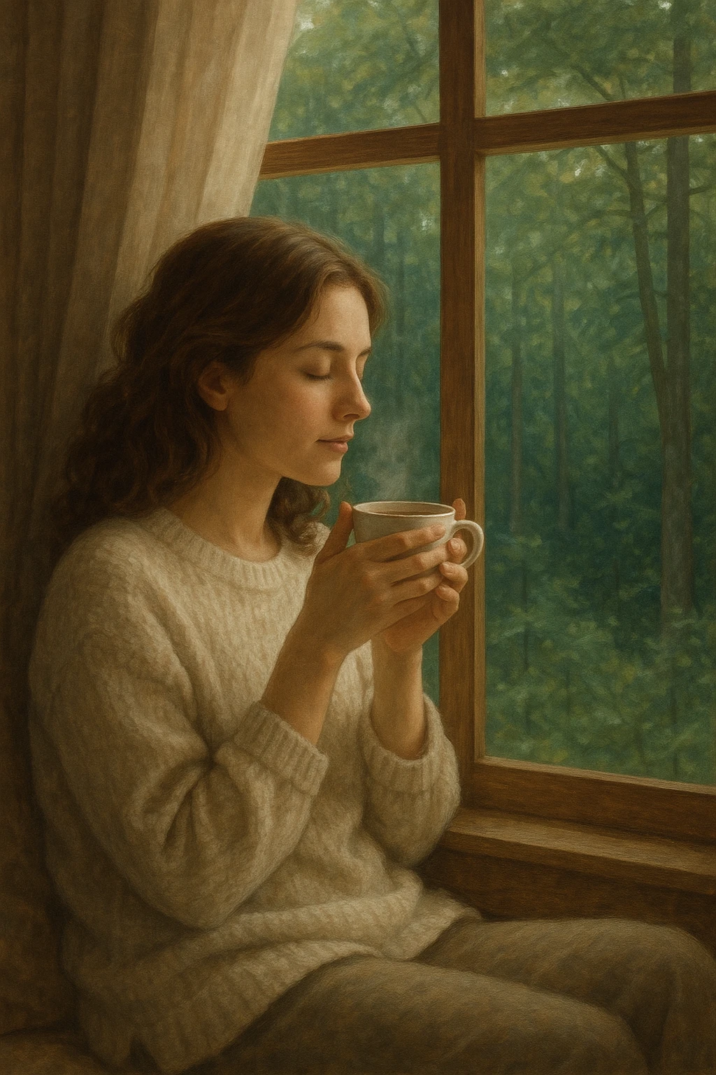 A woman enjoying tea by a window with a forest view emoji