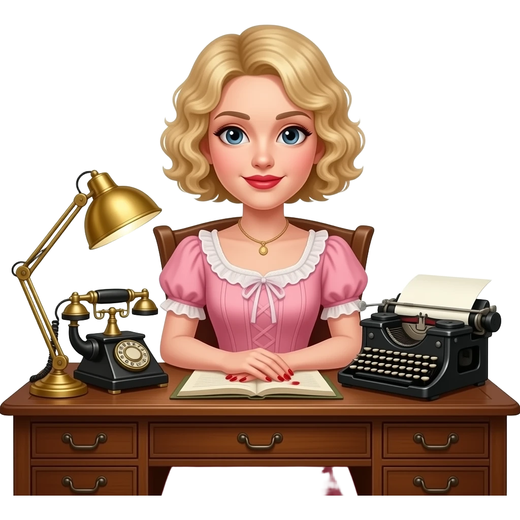 short blonde curly pixie bob hair in a 1800 pink outfit sitting down an antique desk, antique phone, and typing on an antique typewriter with red lipstick, red finger nails and in a Victorian setting emoji