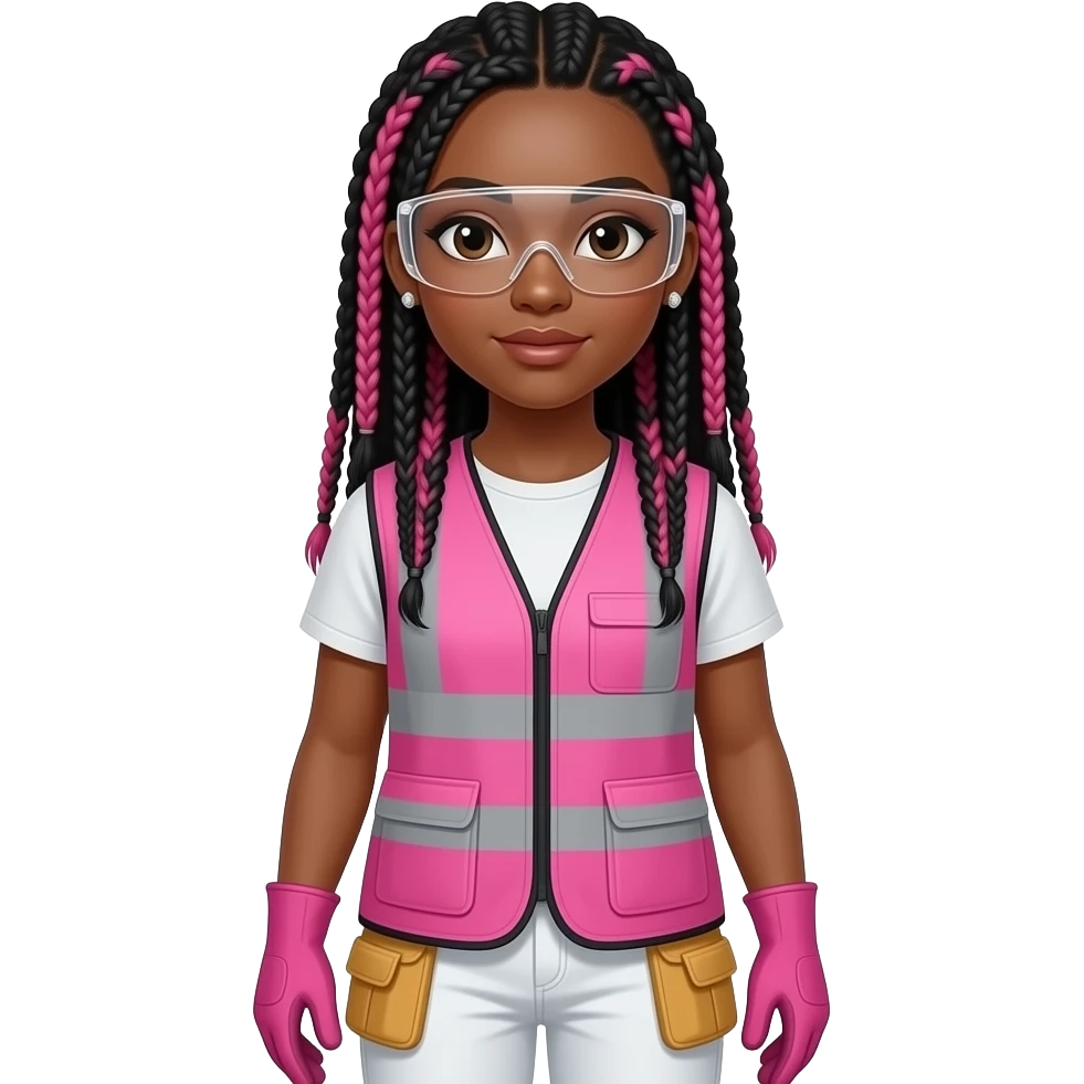 African American woman with brown eyes with long pink and black box braids wearing diamond earrings wearing pink and clear safety glasses wearing a pink construction vest wearing white pans wearing pink construction vest wearing white pants wearing pink construction gloves emoji
