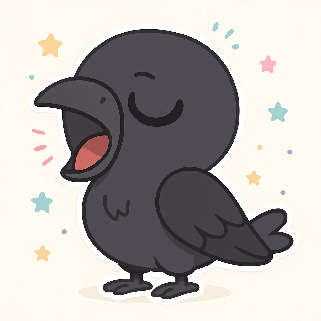 Make the raven a much darker color, nearly black, while keeping it cartoonish and sleepy in chibi stickers style. emoji