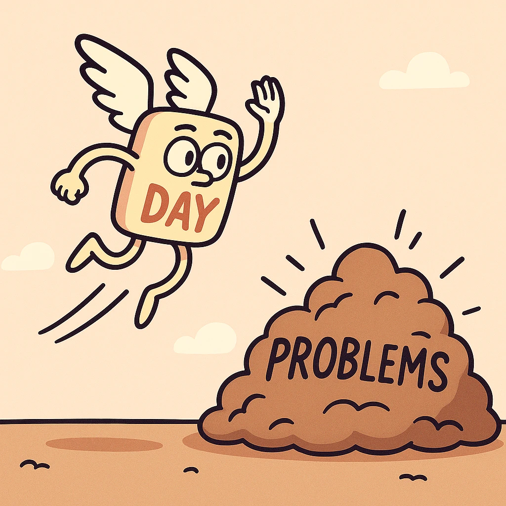 A surreal image of a day flying away from everyday problems. The day is depicted as a flat, cartoonish character with wings, flying away from a pile of problems. emoji