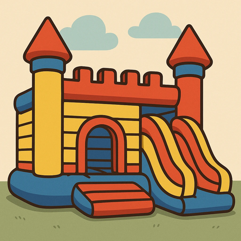 inflatable castle, primary colors, rounded shapes, cartoon style, no text emoji