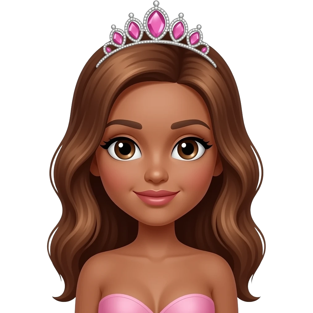 hair with pink tiara, Dark brown eyebrows,Dark brown skin, Doll shaped face, doll eyes, wavy with side part longer straightened auburn hair, big breast no bra emoji