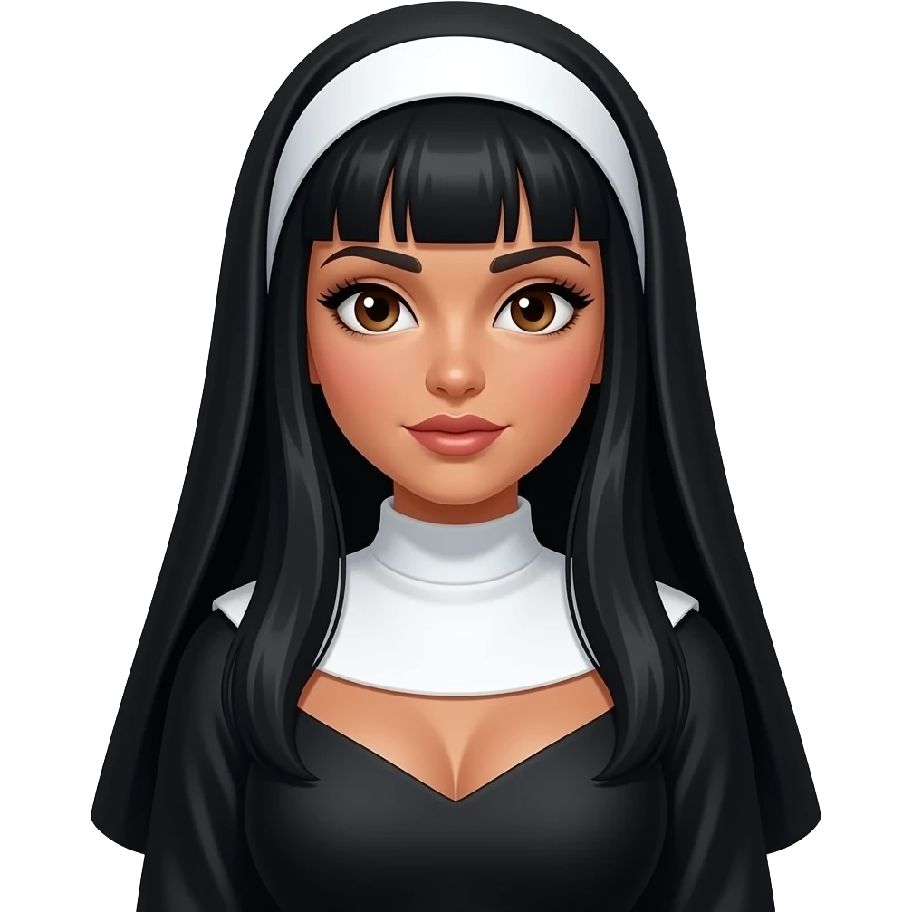 Women in nun outfit with long black hair, straight across bangs dark eyebrows, curvy chest, tan skin, big brown eyes and long eyelashes emoji