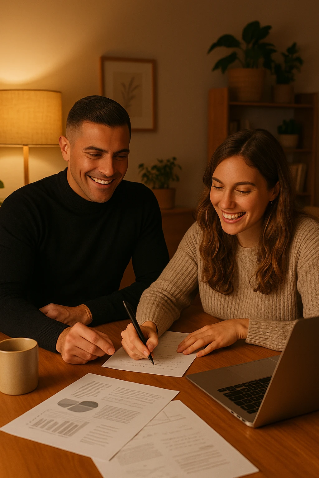 a man and woman work together on a project at home, with the man offering guidance and the woman actively participating and contributing ideas. Their expressions show teamwork and satisfaction, highlighting the benefits of collaboration and shared leadership. The setting is warm and inviting. emoji