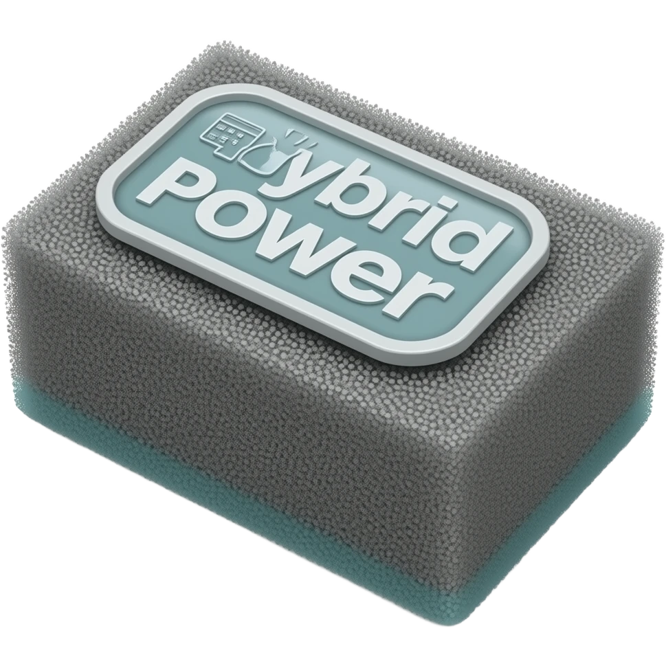 A powerful grey scrubbing sponge with visible abrasive particles on the surface, 'Hybrid Power' cleaning icon, 3D render. emoji
