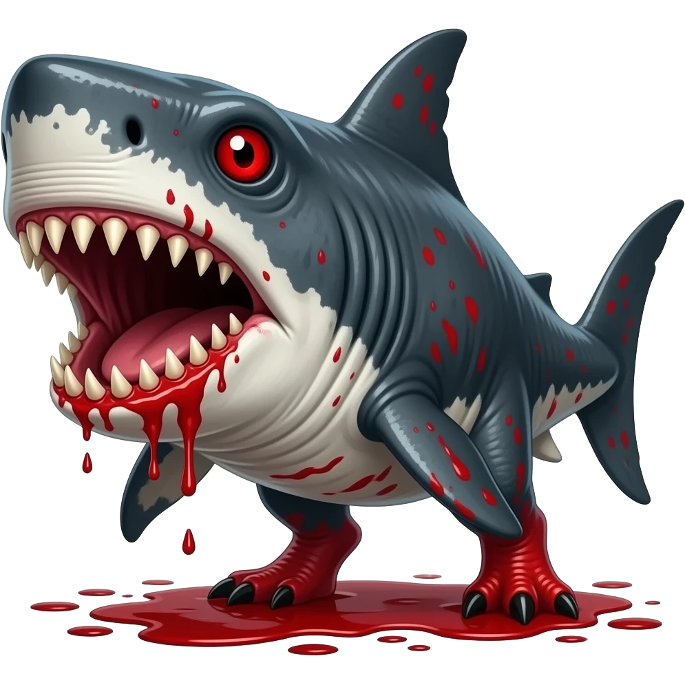 Horror looking megladon with red eyes and big  and blood on it with red colored legs and red megladon emoji