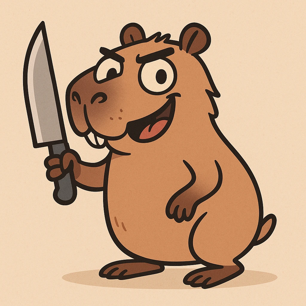 playful and cute cartoon capybara holding a knife emoji