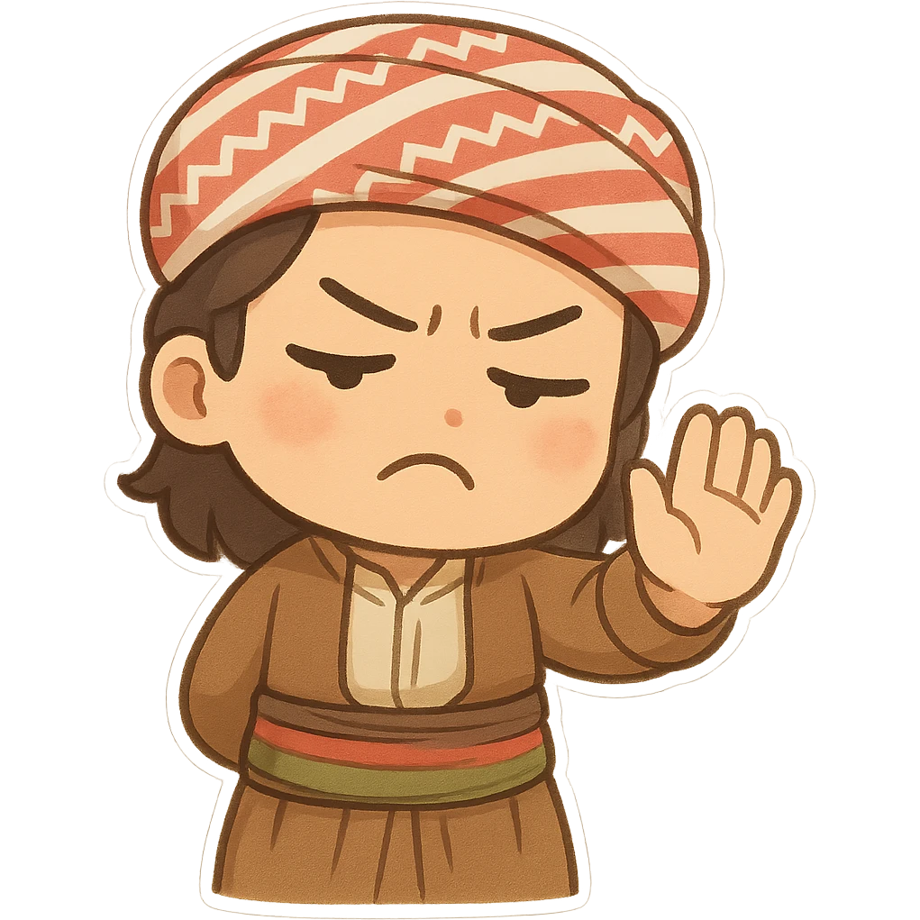 Kurdish man or woman in jamadani, cartoon style, waving hand as if saying 'go away' or 'leave me alone', annoyed face, no text emoji
