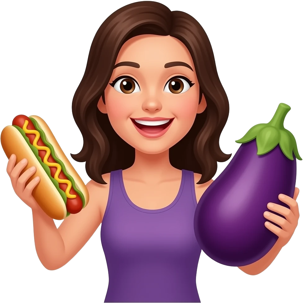 Dark haired brunette woman celebrating a win with an eggplant hot dog emoji