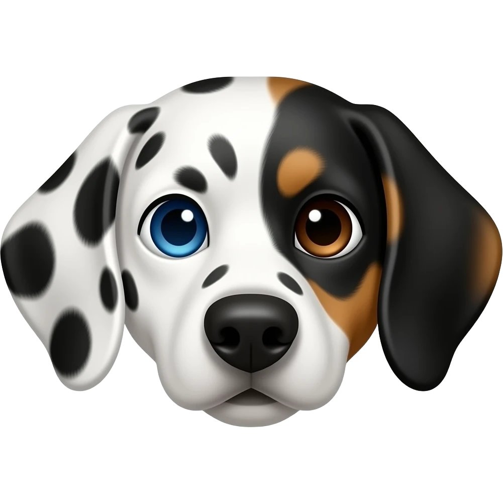 Frontal pic of Dalmatian beagle mix dog with one blue eye and one brown eye. One side of face is white emoji