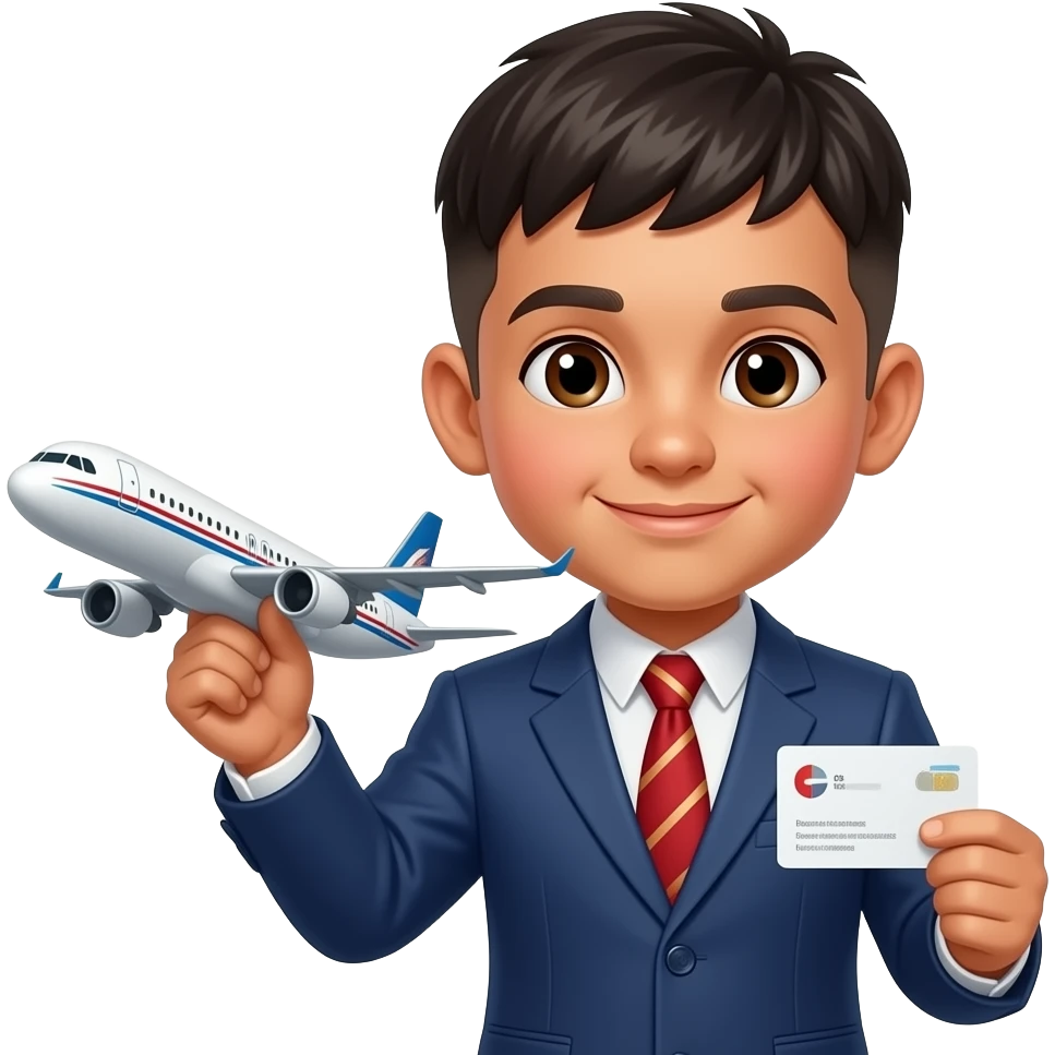 hispanic kid with a fringe bowl cut wearing a suit holding an airplane and a business card emoji