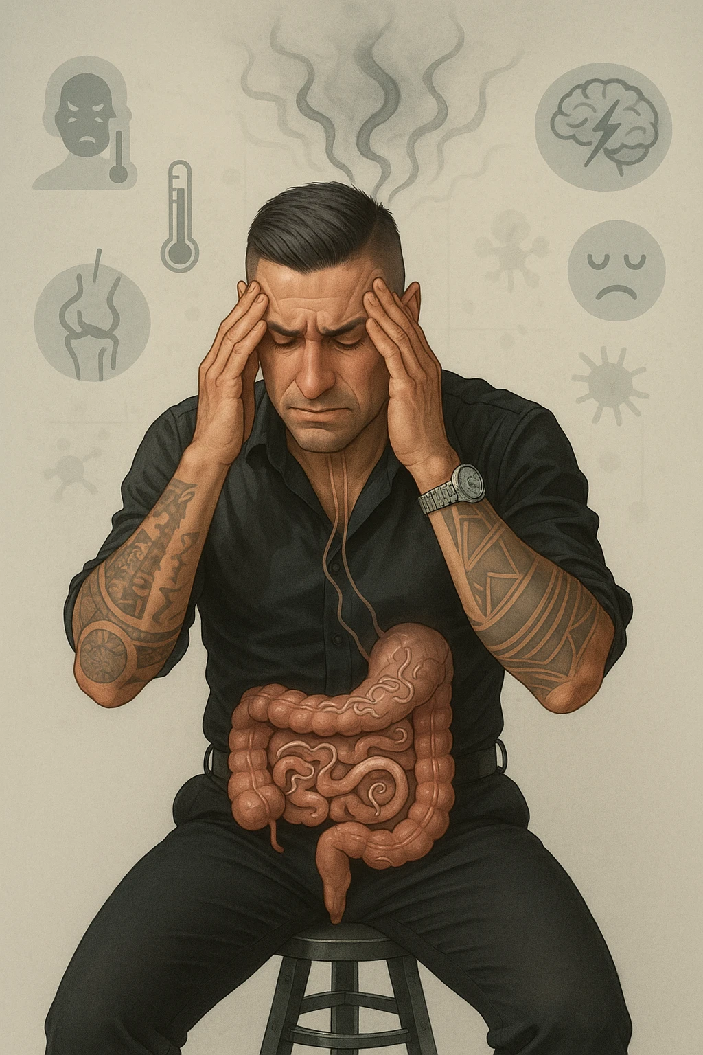 a person sits with a troubled expression, holding their head in their hands. A transparent overlay on their body reveals stylized images of parasites in the digestive tract, while faint, shadowy tendrils extend upward toward the brain, symbolizing the psychological impact. The background is clinical and educational, with subtle icons representing both physical and mental symptoms. emoji