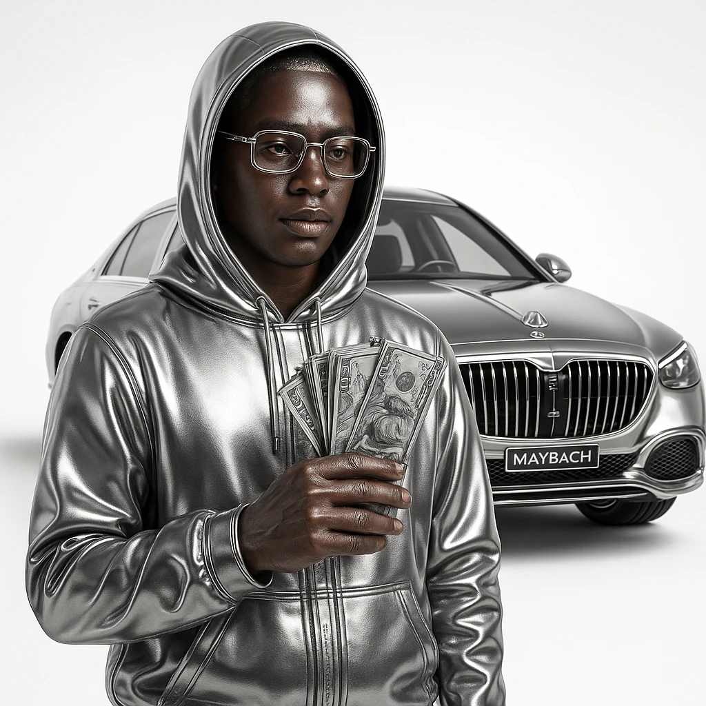 chrome style icon version of a person with realistic light brown skin, natural features, and a hand subtly showing a missing finger, wearing metallic chrome hoodie and clothing, Cartier glasses, holding detailed US dollar bills instead of money, with a Maybach car behind, striking iconic chrome aesthetic emoji
