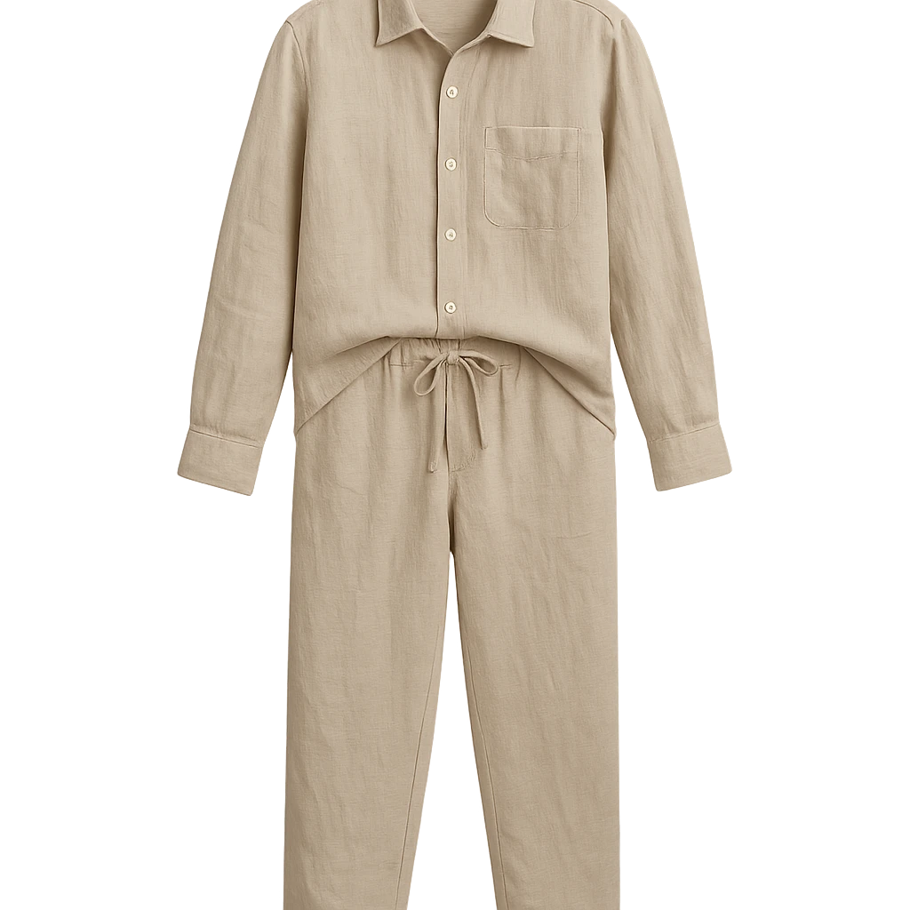 European linen shirt and pants set, no person, white background emoji