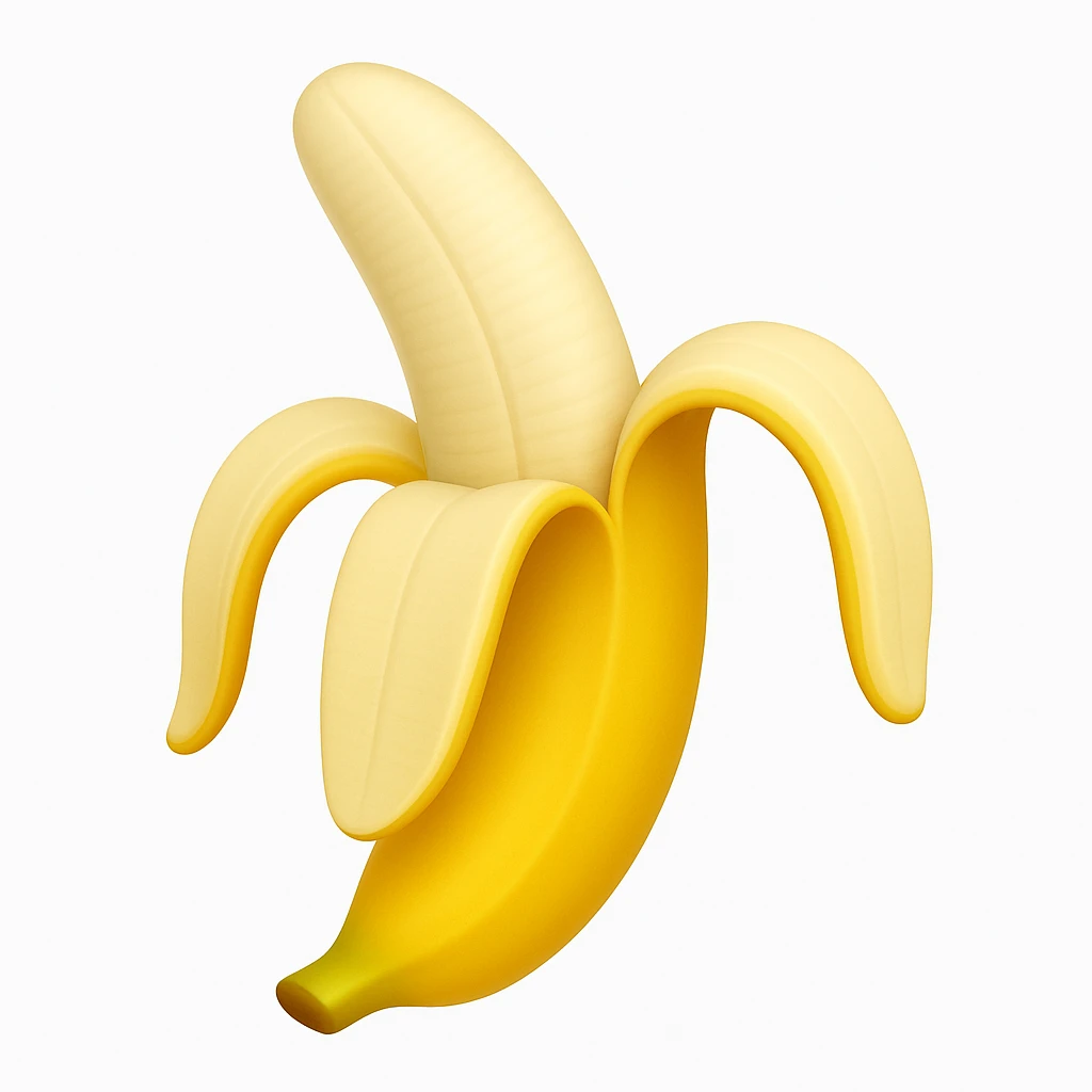 Make a banana emoji exactly like the reference image, in iOS emoji style. Peeled banana, realistic shape, bright yellow, smooth and shiny. The style should resemble the iOS emoji style. emoji
