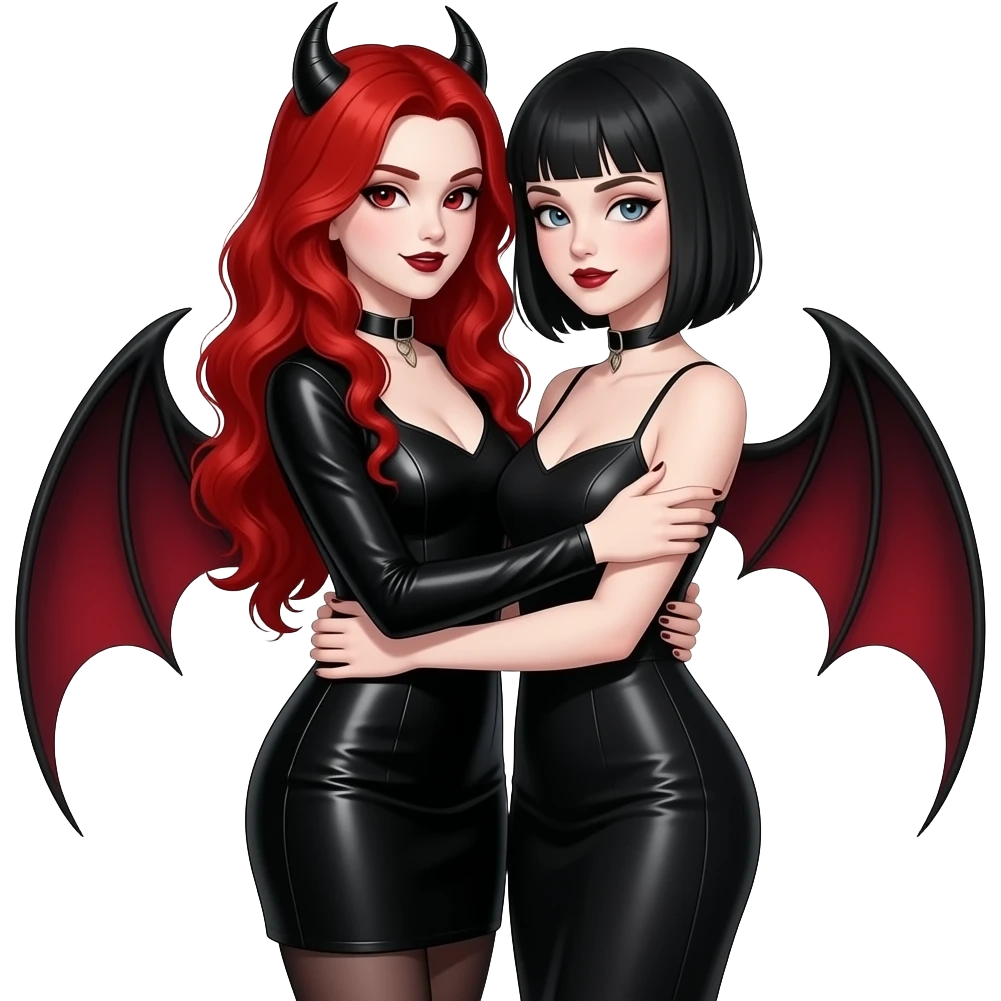 Vampiro femmina  con pelle bianca capelli lunghi  rosso fuoco ondulati e lache indossa una vestito stretto in vita nero con maniche lunghe e anfibi che arrivano alle ginocchia insieme a un vampiro femmina con la pelle bianca i capelli  corti lisci e la frangetta che si abbracciano SENZA ali emoji