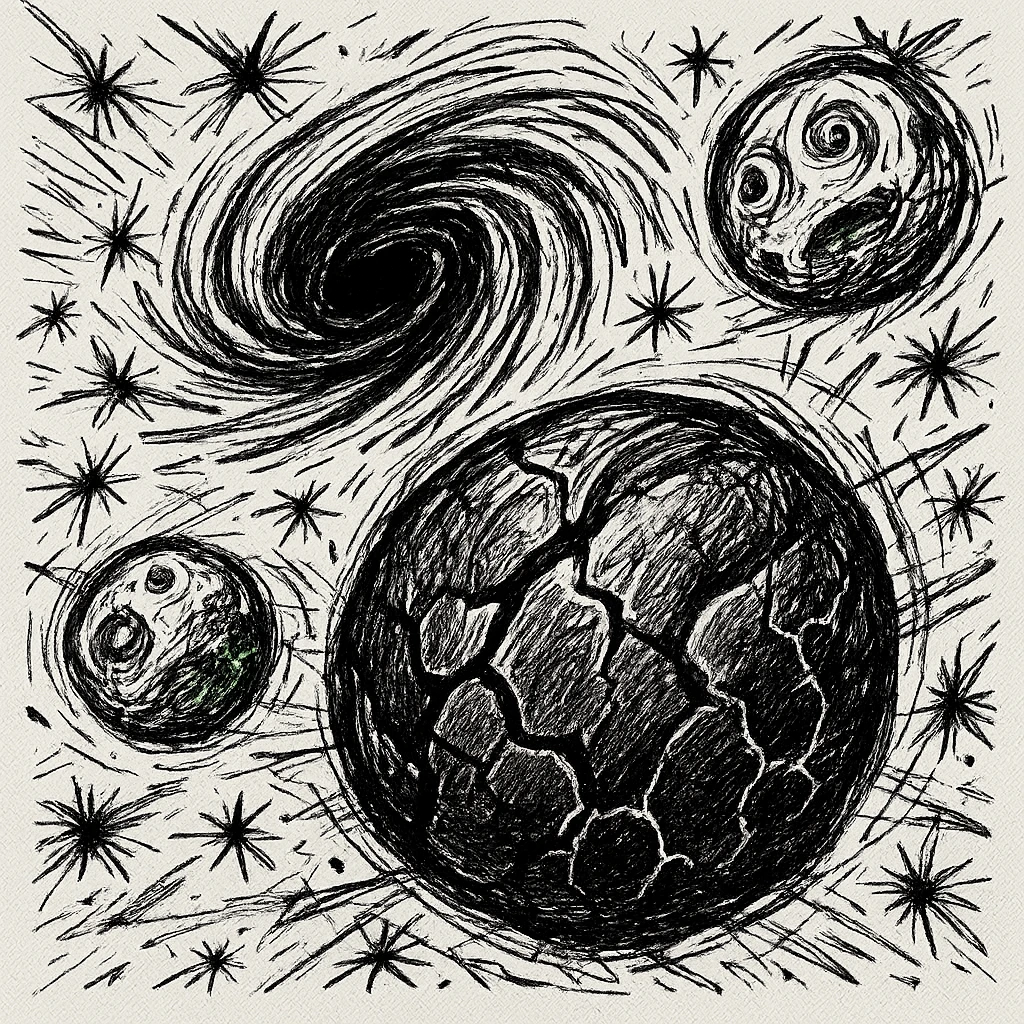 map of dark back ward -“A dark cosmic region orbiting a massive black hole. No sunlight. A dead solar system with twisted planets and moons circling in silence. Monde Noir looms in the foreground — a cracked, obsidian planet with no atmosphere. Its moon, Oblieth, floats nearby, scarred and pitted, with faint green lights glowing from within cave openings. Stars are distorted and streaked by gravitational lensing. The entire scene is heavy, quiet, and surreal.” emoji