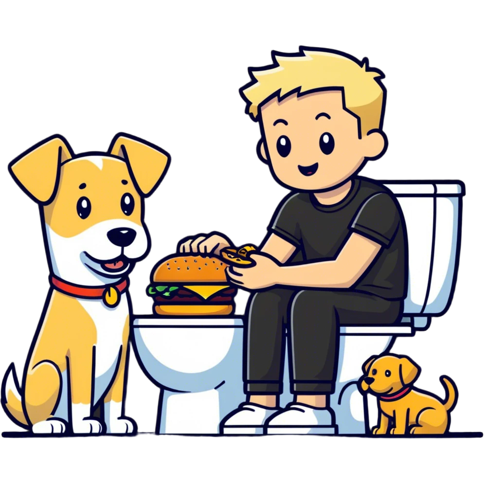 Guy with blonde hair and low taper fade on the toilet taking a poop with a dog eating a hamburger next to him emoji