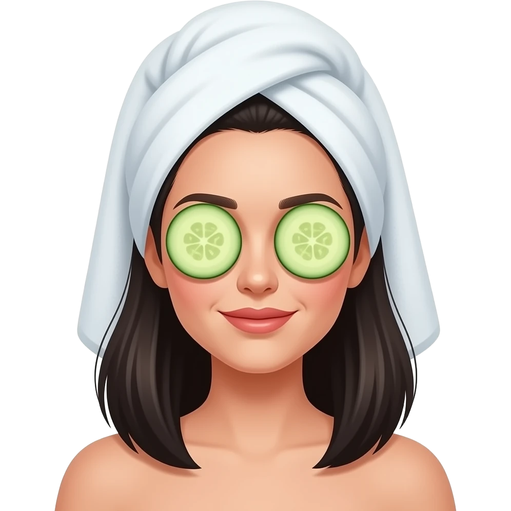 Una mujer de cabello negro  largo  por los hombros con toalla y pepino en los ojos emoji