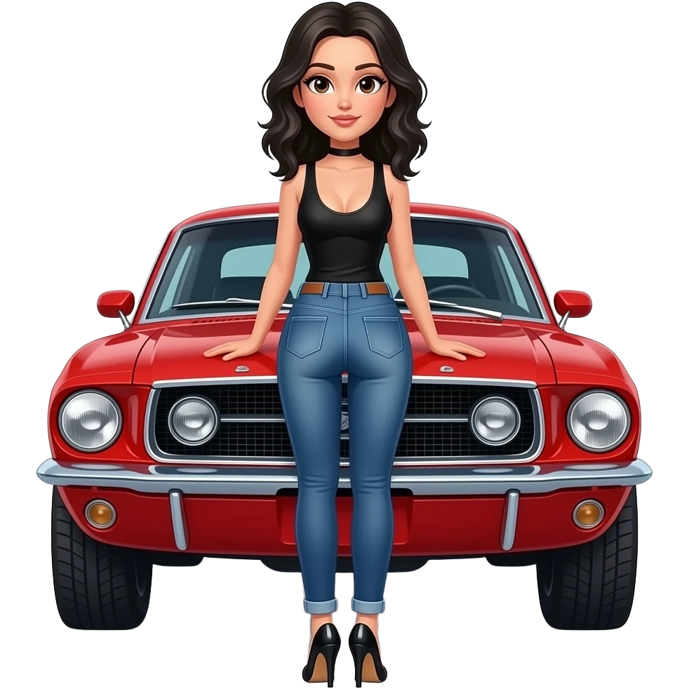 Pale girl with black wavy hair and brown eyes backed from behind in front of a red ford mustang 1968 coupe. Girl wearing a sheer black sleeveless top, low rounded neckline, jeans and heels with visible toes. Hands resting on the hood. emoji