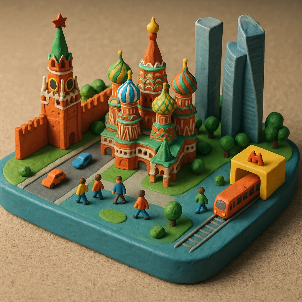 Изометричная миниатюрная 3D модель Москвы на подставке - фотореалистичный Кремль, собор Василия Блаженного, фотореалистичный Башни Москва-Сити, аккуратная детализация, яркие цвета, мультяшный реализм, гуляют люди и современный автотранспорт и метро, компактная композиция, вид сверху в изометрии emoji