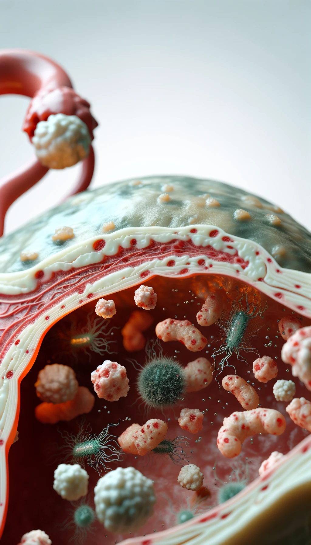 corpo umano anatomico con batteri come la candida nell'utero, sfondo neutro chiaro, iperrealistico 4k emoji