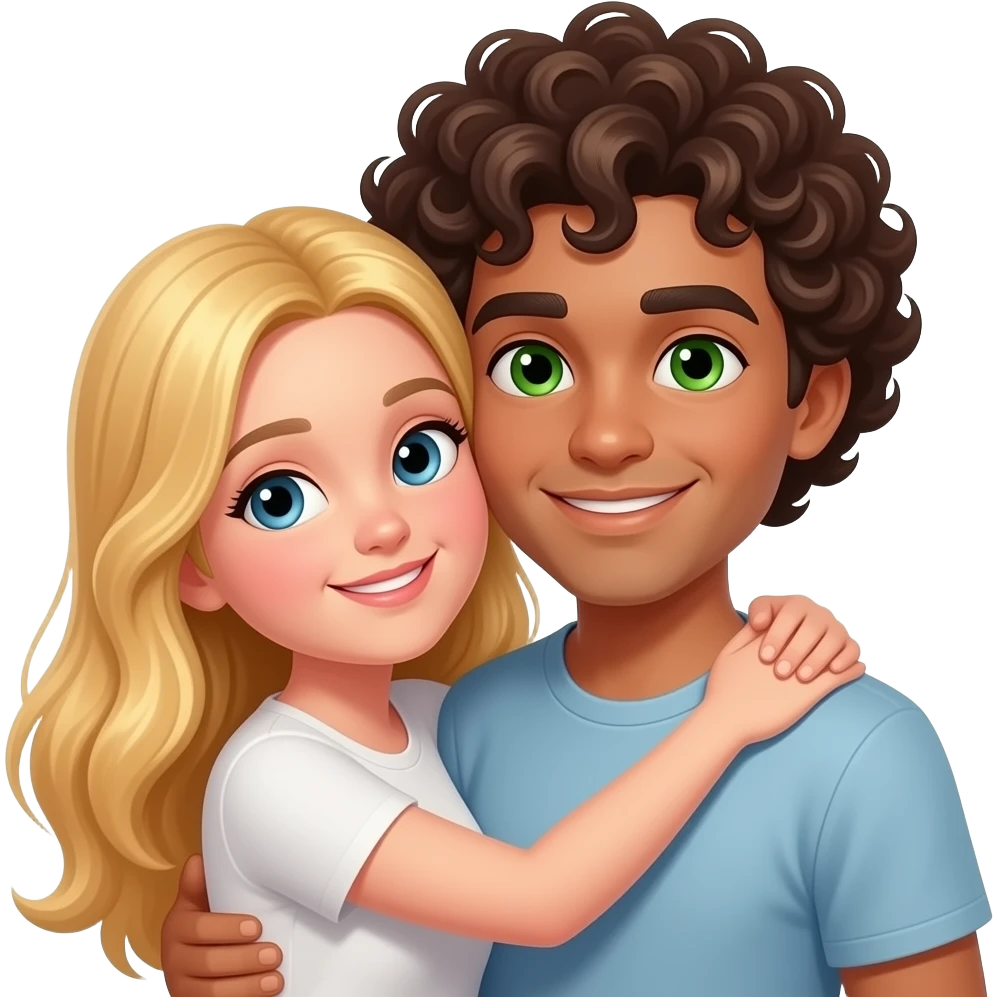 White girl blonde long hair snuggling with brown guy curly hair green eyes emoji