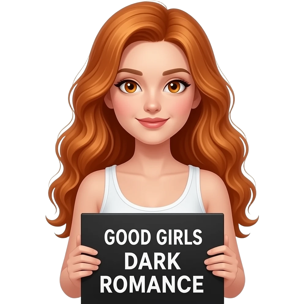 sexy girl with long wavy ginger hair and ginger eyes wearing a white tanktop is holding a black colored sign with GOOD GIRLS read DARK ROMANCE written on it emoji