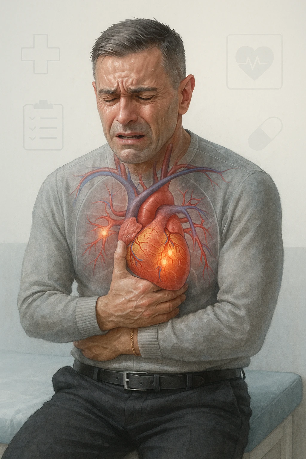 a middle-aged man sits on a bench, clutching his chest with a pained expression. His face is pale and sweaty, and his posture is hunched forward. A transparent overlay reveals his heart and major blood vessels, with highlighted areas indicating blockages or damage. The background is clean and clinical, with subtle medical icons. emoji