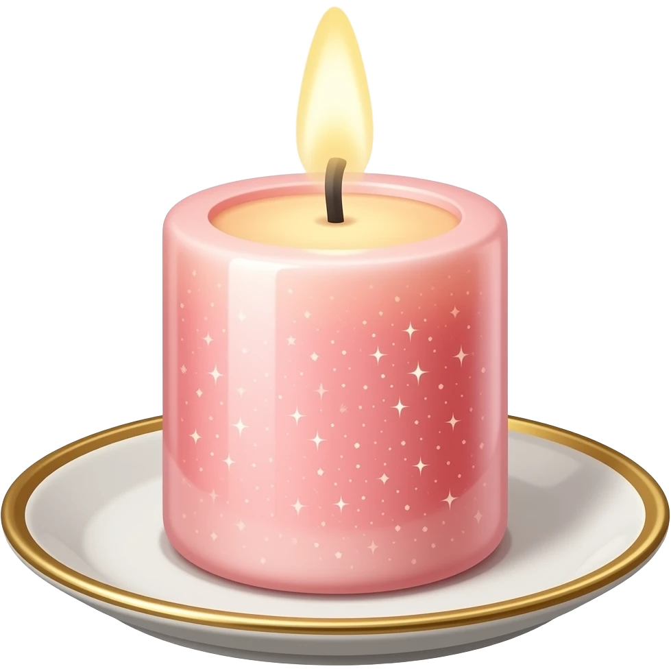 Celestial shiny sparkly glossy soft smooth Thin tall neat petite cute slim dainty narrow Pastel Reddish-pinkish vintage candle on a tiny narrow gold and white plate emoji