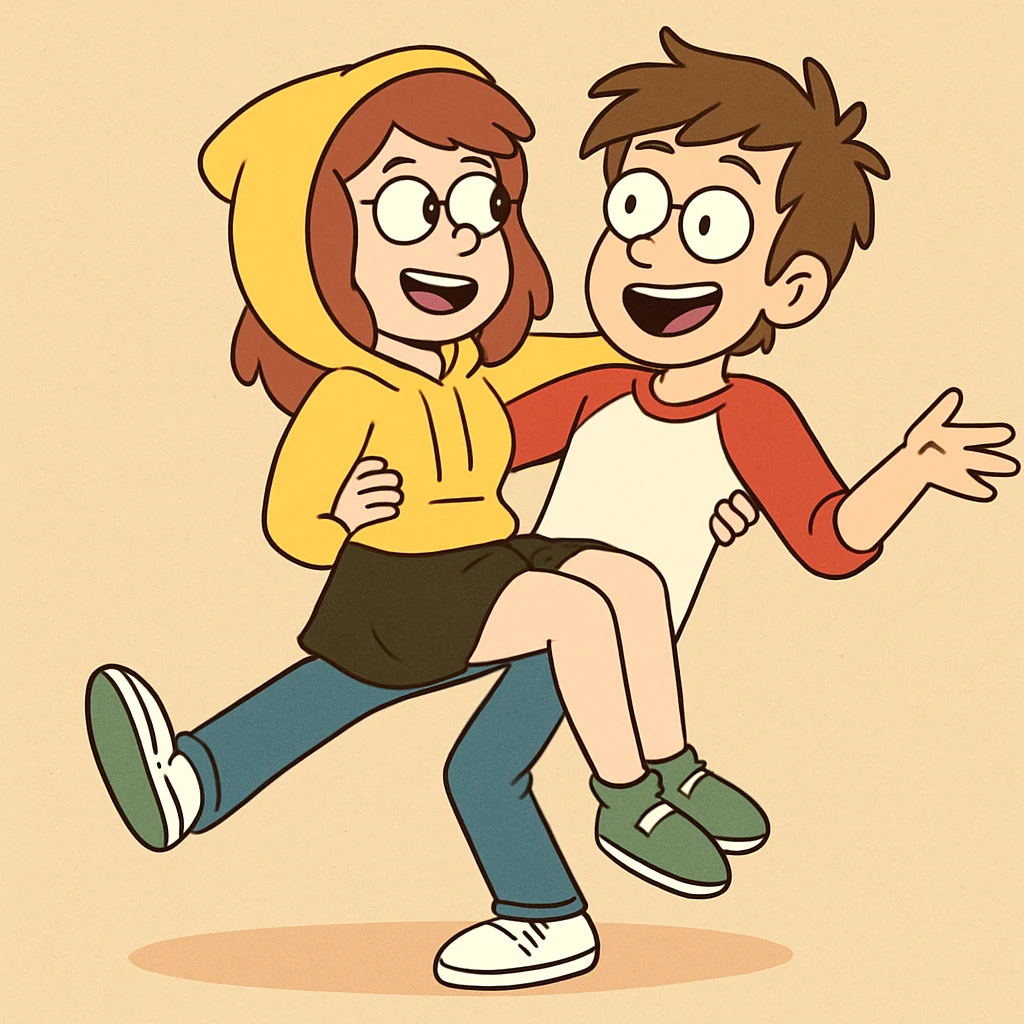 A man Raglan sleeves with Red t-shirts blue jeans white shoes carried by a cute a girl yellow hoodie black skirt green shoe  emoji