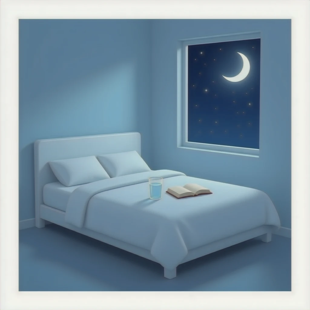 A dimly lit white bedroom. The bed is neatly made, and a glass of water sits beside a book on a cozy emoji