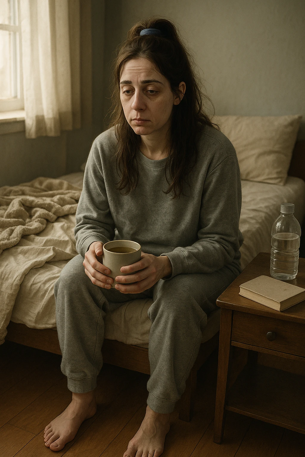 A realistic, cinematic illustration of a woman in her early 30s with a tired, pale appearance, sitting on the edge of her bed in a softly lit bedroom during the morning, looking exhausted and drained. Her posture is slightly slouched, and dark circles are visible under her eyes. She wears comfortable loungewear, holding a warm cup of herbal tea in her hands, seeking comfort. The scene includes a cozy yet slightly messy room with a blanket, a water bottle, and a book on the nightstand, emphasizing chronic fatigue. Soft natural light comes through the window, highlighting her expression of persistent tiredness despite rest, capturing the invisible struggle of chronic fatigue syndrome while maintaining dignity and a gentle aesthetic. emoji