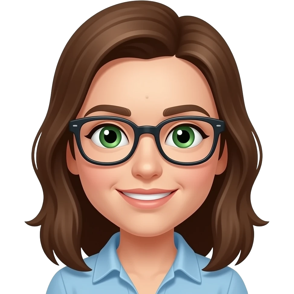 Julie with green eyes and single large freckle on forhead over left eyebrowwith glasses emoji