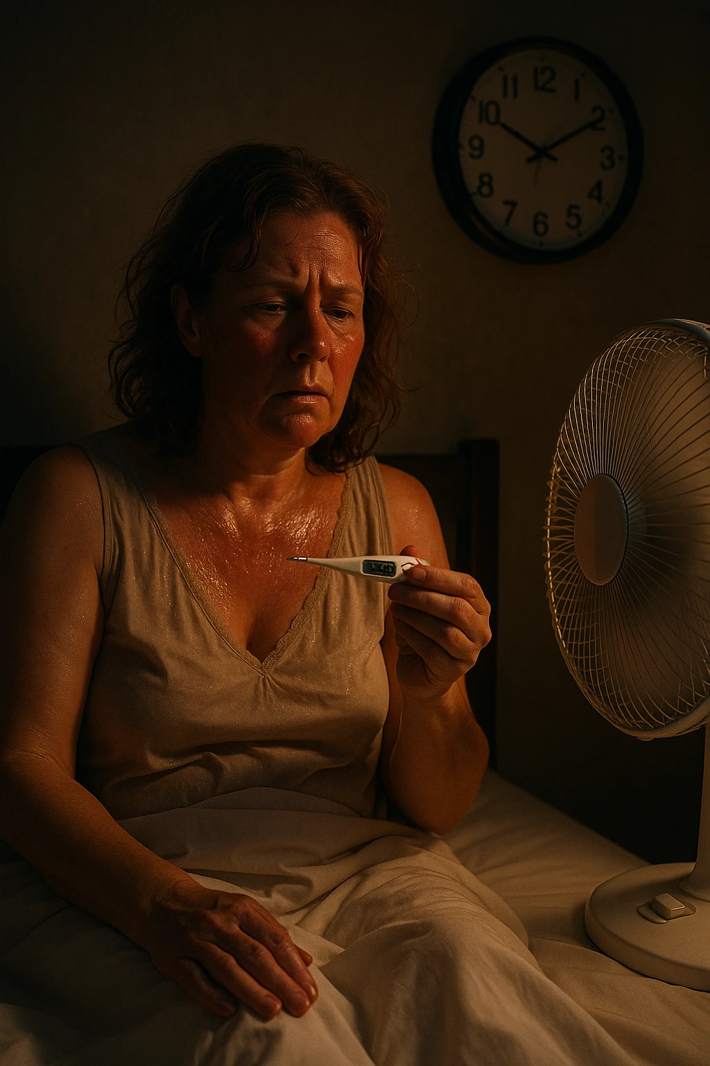 50-year-old woman sitting on bed at 3AM, nightgown soaked in sweat, face flushed as she holds thermometer showing 37.8°C, fan blowing directly on her emoji