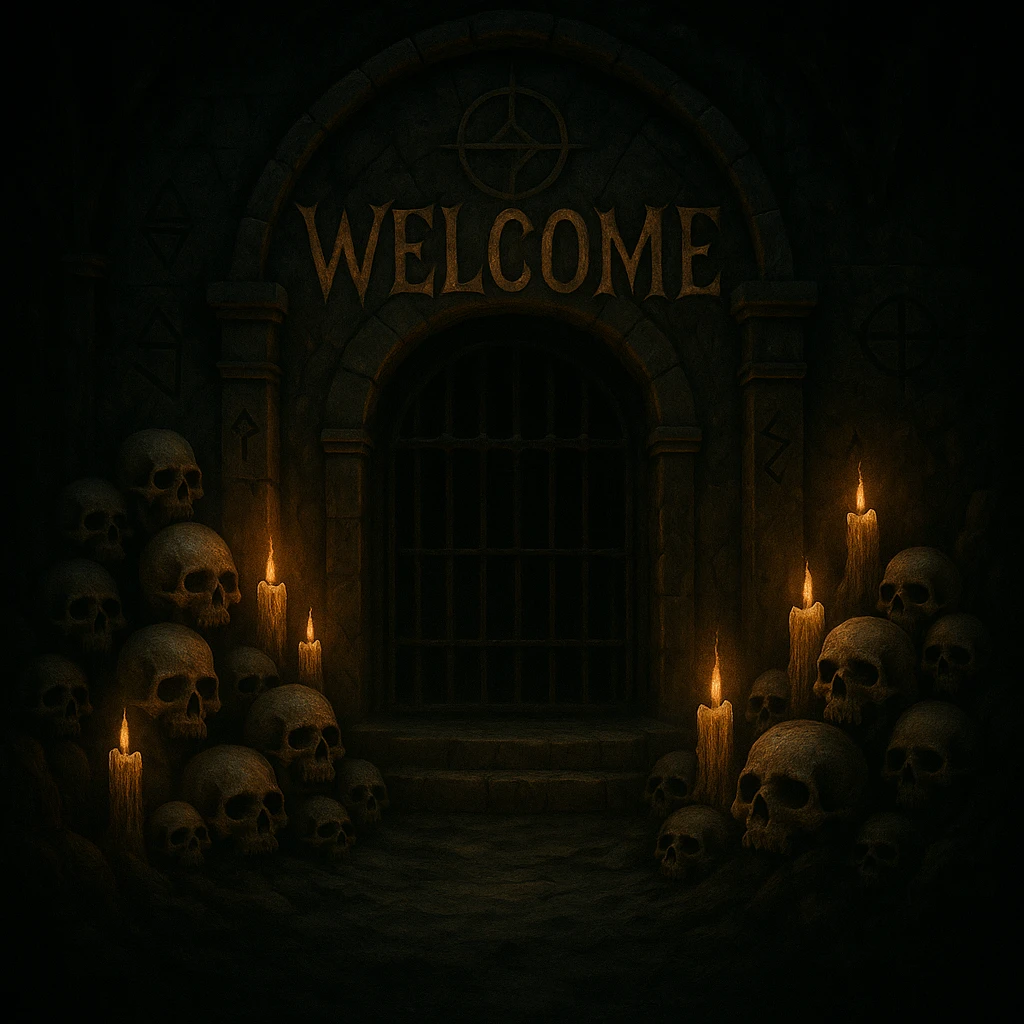 Add the word 'Welcome' in creepy, horror-themed text, integrated into the ancient crypt banner. The text should look ancient and eerie, blending with the crypt's dark and mysterious atmosphere. emoji