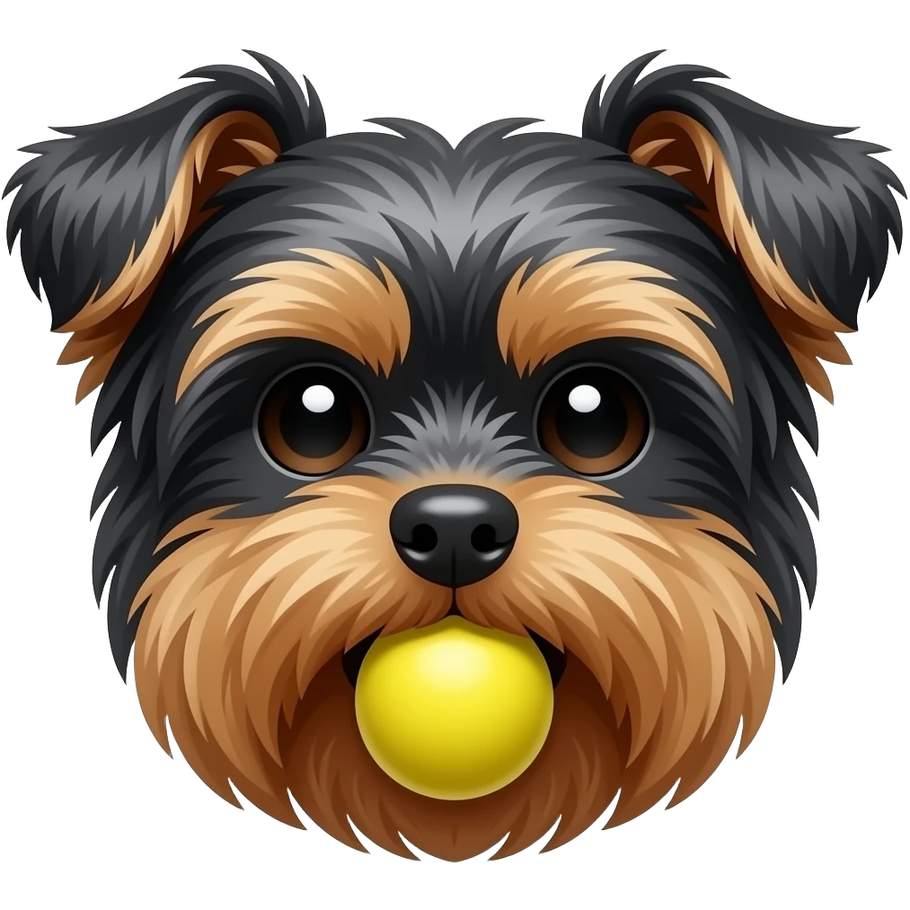 Droopy long ear black and silver yorkie face with yellow ball in mouth teeth showing emoji