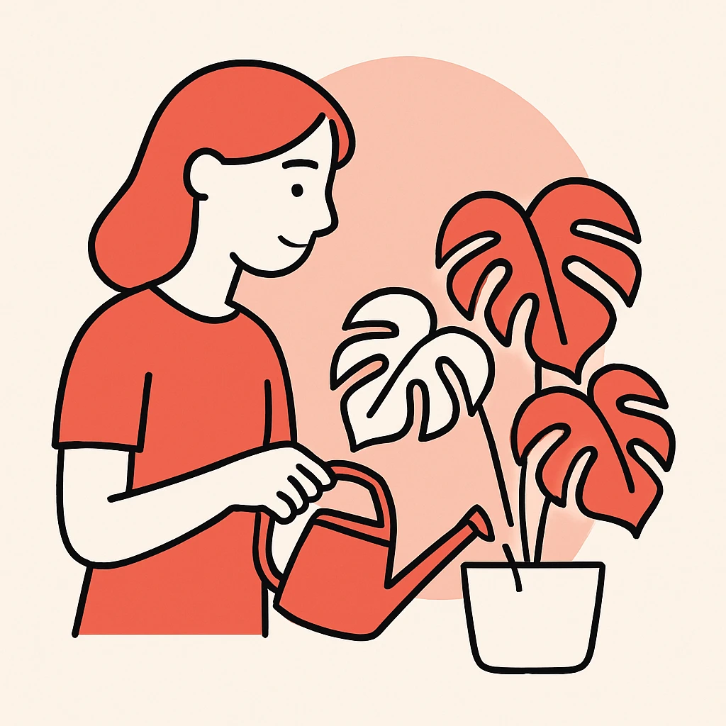 woman watering her monstera plant emoji