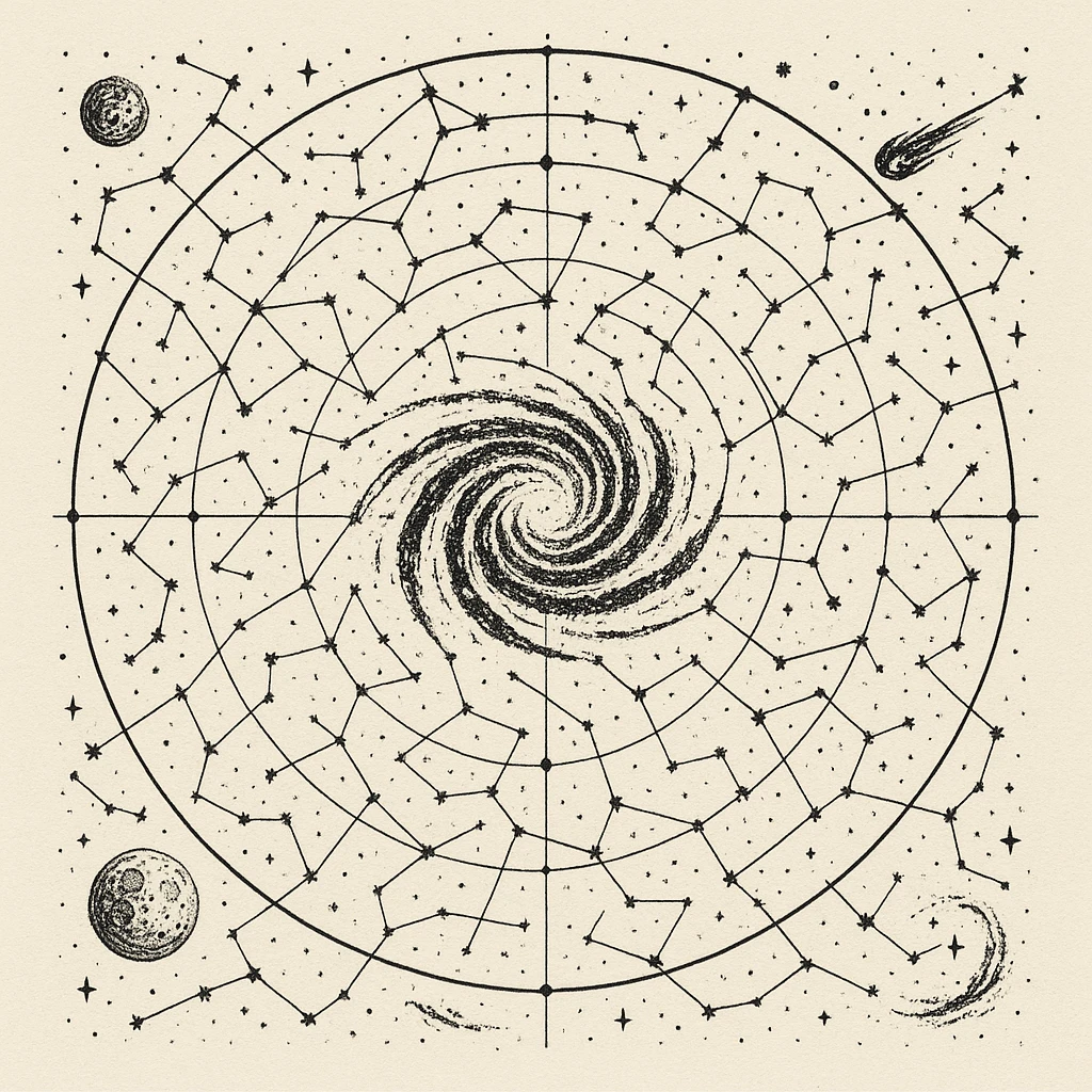 a design for an decorative black and white star map, showing linework of galactic spheres and a constellated ley lines. matrix map. black linework. neat and minimal design, showing expanse and hazards deep into space beyond the galactic core, large tattoo design

 emoji