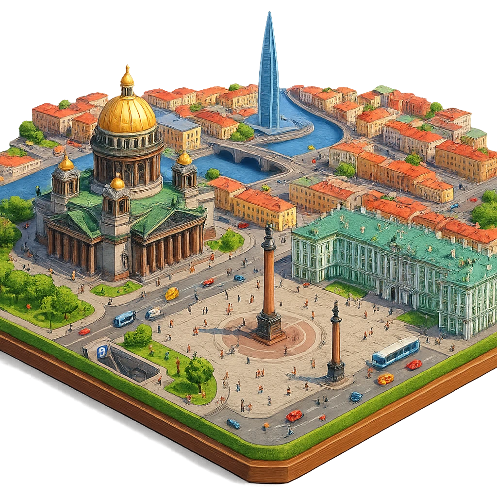 Изометричная миниатюрная фотореалистичная 3D модель Санкт-Петербурга на подставке - Исаакиевский собор, Дворцовая площадь, Зимний дворец и другая центральная часть города, Лахта-центр, четкая детализация, яркие цвета, мультяшный реализм, люди, автотранспорт и метро, компактная композиция, вид сверху в изометрии, прозрачный фон emoji