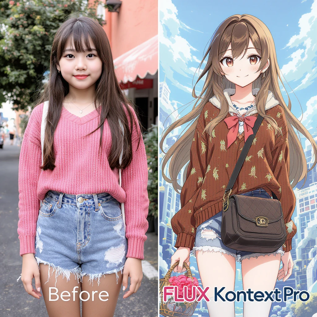 create before after image of a girl before is realsitic photo, after is anime version of her in same pose and clothes, add logo with text of a "FLUX Kontext Pro" emoji