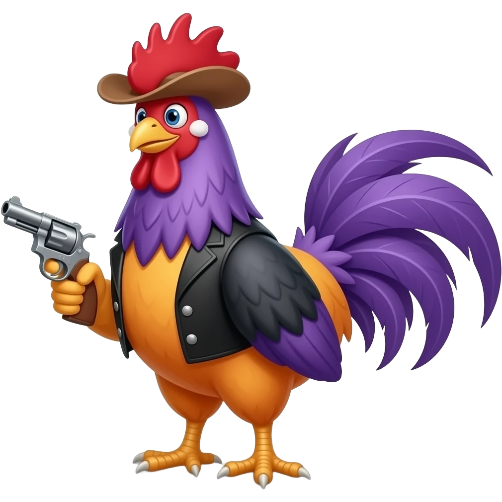 orange, purple Rooster clown plant, black vest cowboy with gun emoji