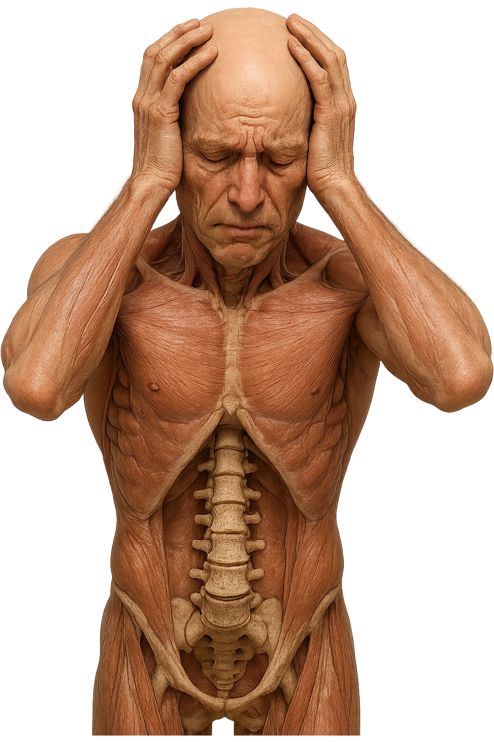 CORPO UMANO ANATOMICO con spina dorsale in evidenza, molto stanca e stressata mentre si tiene le mani sulla testa, IPERREALISTICO 4K emoji