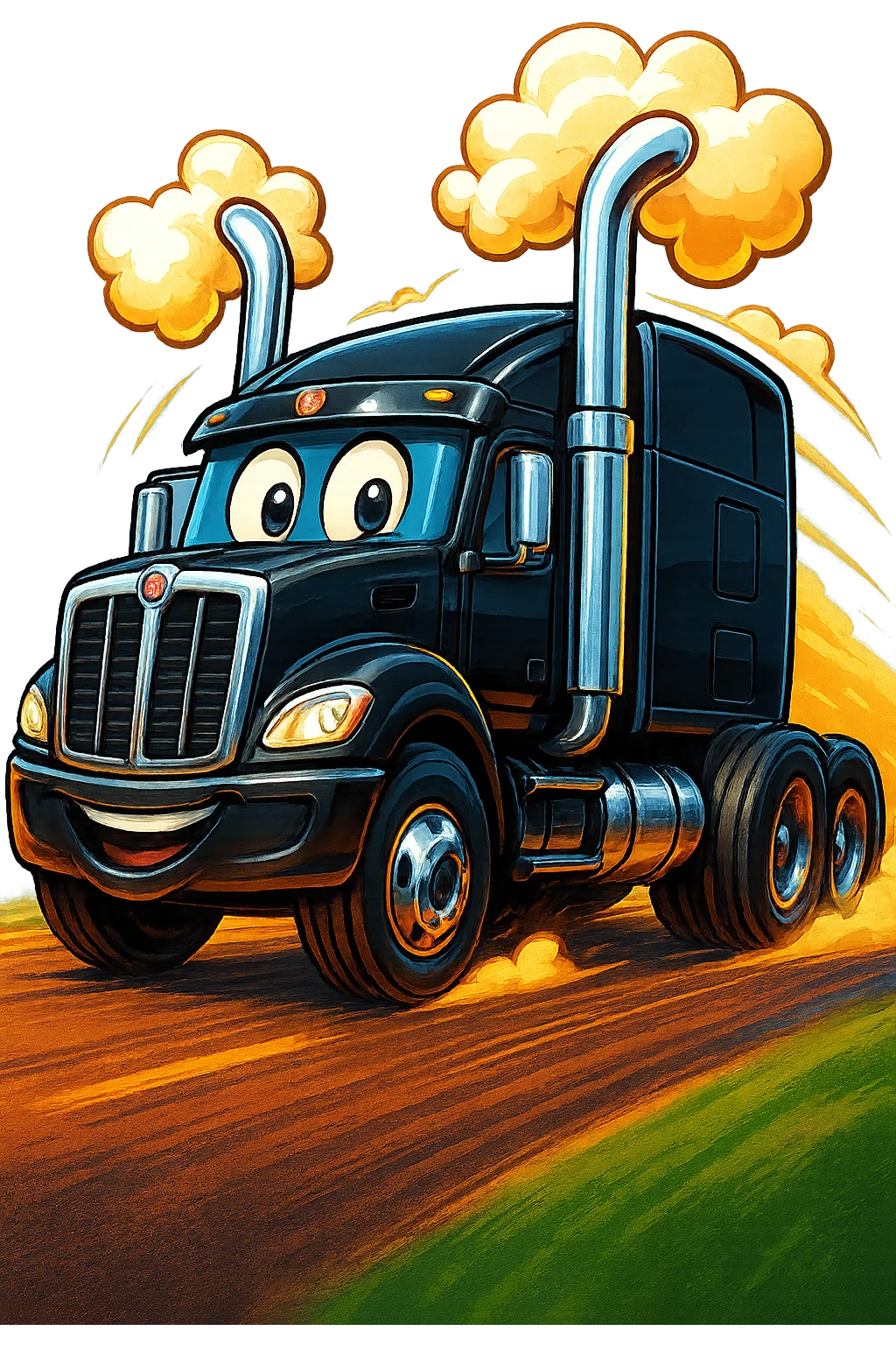 Make the black Kenworth W680 cartoon truck with playful smoke and chrome stacks look like it's racing down the road, with visible road, strong motion effects, and a dynamic, cheerful style. Transparent background. emoji