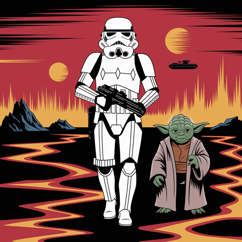 vector art of a Starwars stormtroopers is walking on lava planet with yoda, battleground background 
 emoji