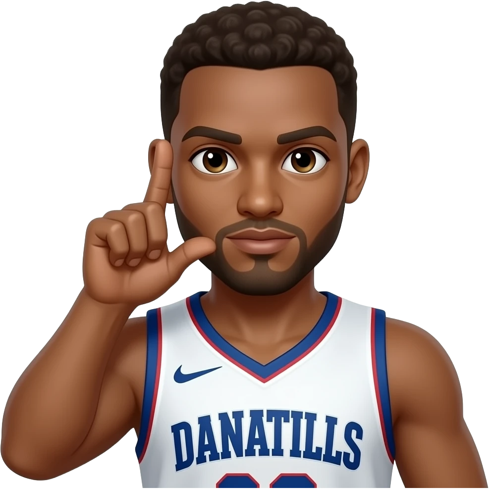 Make the mans skin light brown and a basketball player with his first and second fingers held up to his right ear and his thumb held on his lips like a phone emoji